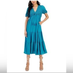 Taylor Smocked Tiered A-Line Midi Sundress in Teal Blue, Size XS W Pockets
